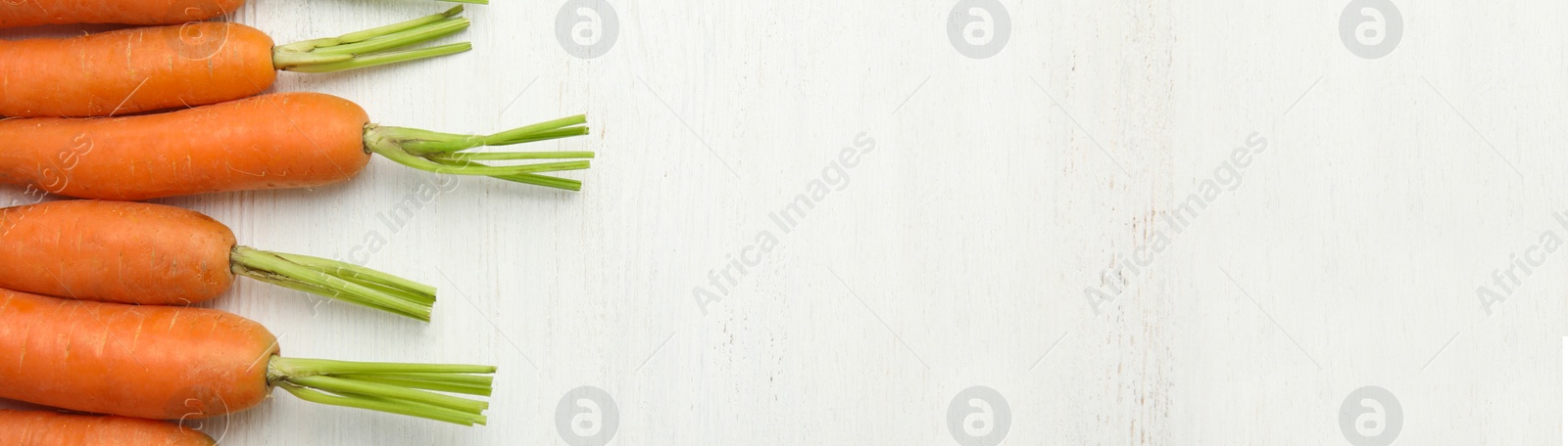 Image of Ripe carrots and space for text on wooden background, top view. Banner design