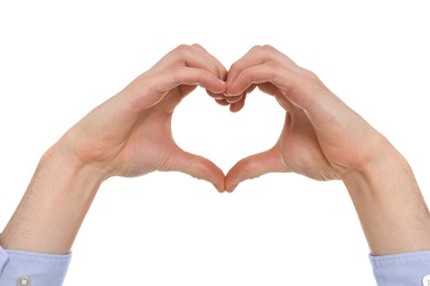 Photo of Man showing heart gesture with hands on white background, closeup