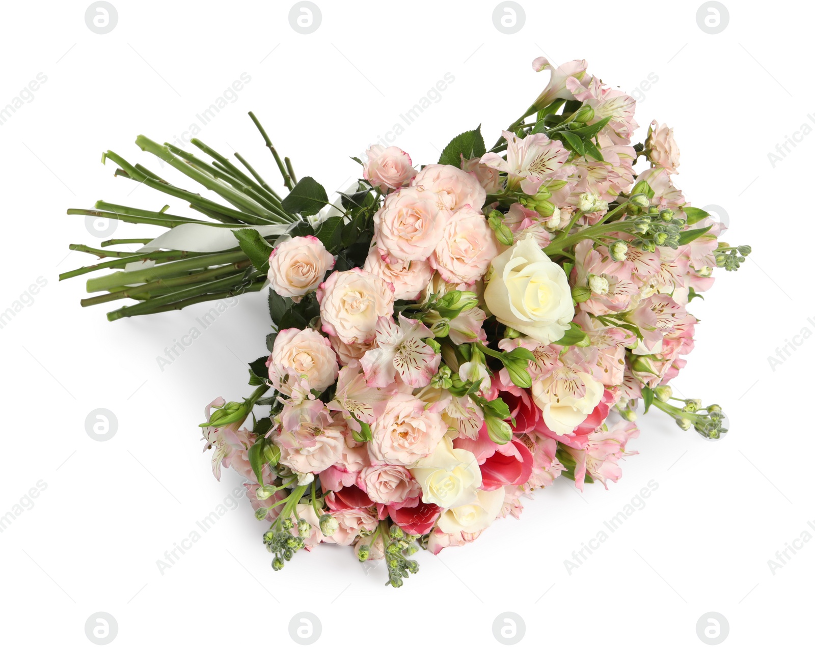 Photo of Beautiful bouquet of fresh flowers isolated on white