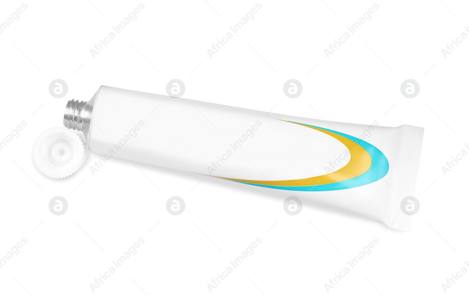 Photo of Open tube of ointment isolated on white, top view. Space for text