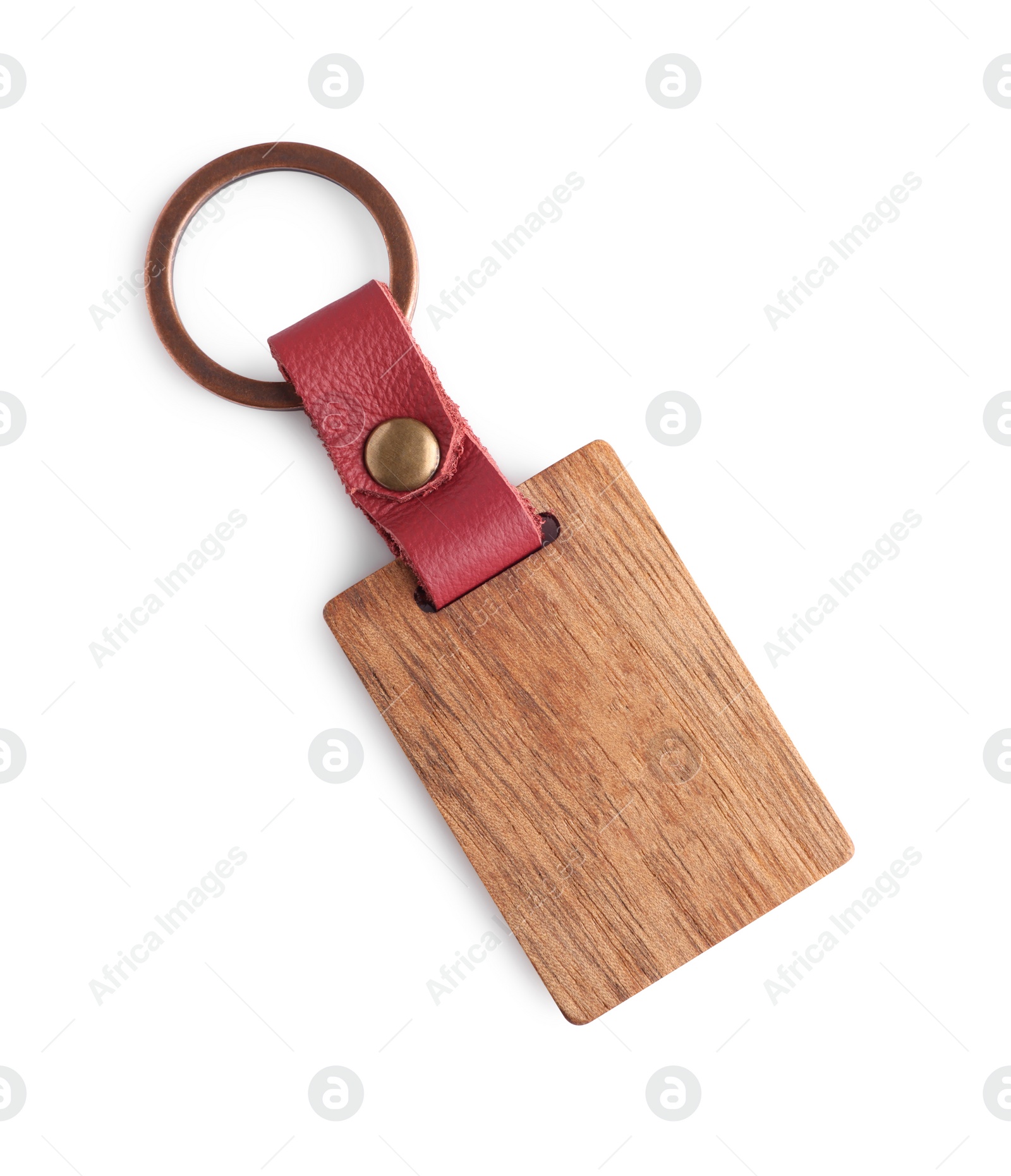 Photo of Wooden keychain isolated on white, top view