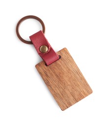 Wooden keychain isolated on white, top view