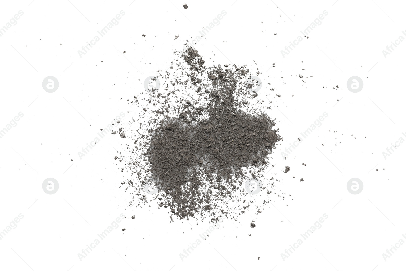 Photo of Pile of black dust scattered on white background, top view