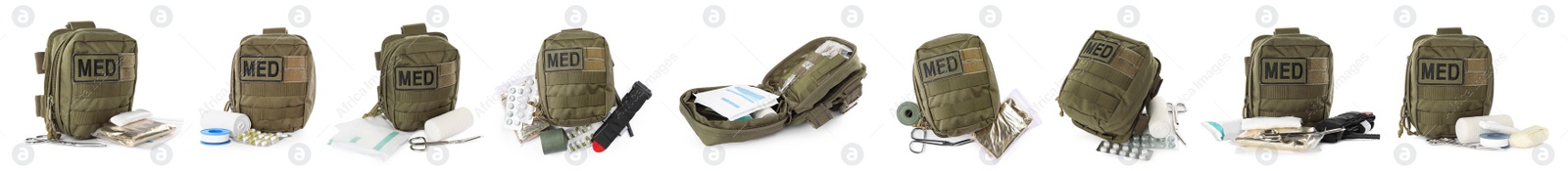 Image of Collage with military first aid kit on white background, banner design