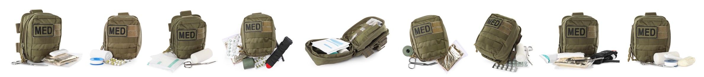Image of Collage with military first aid kit on white background, banner design
