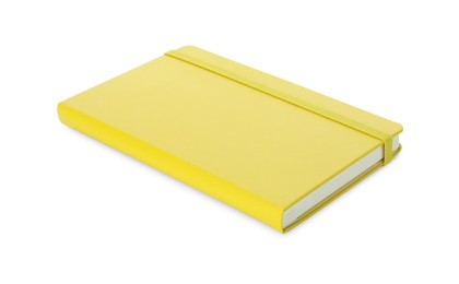 Photo of Closed notebook with blank yellow cover isolated on white