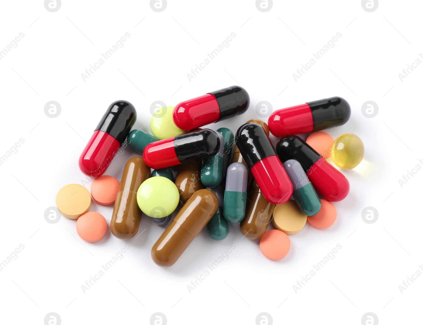 Photo of Pile of different colorful pills on white background, above view