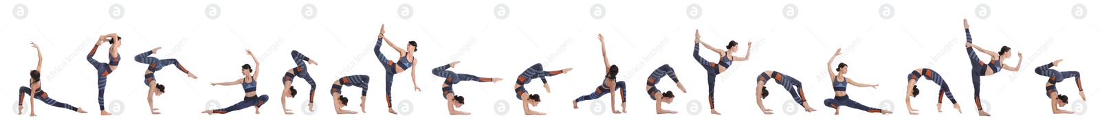 Image of Collage of professional young acrobat exercising on white background. Banner design