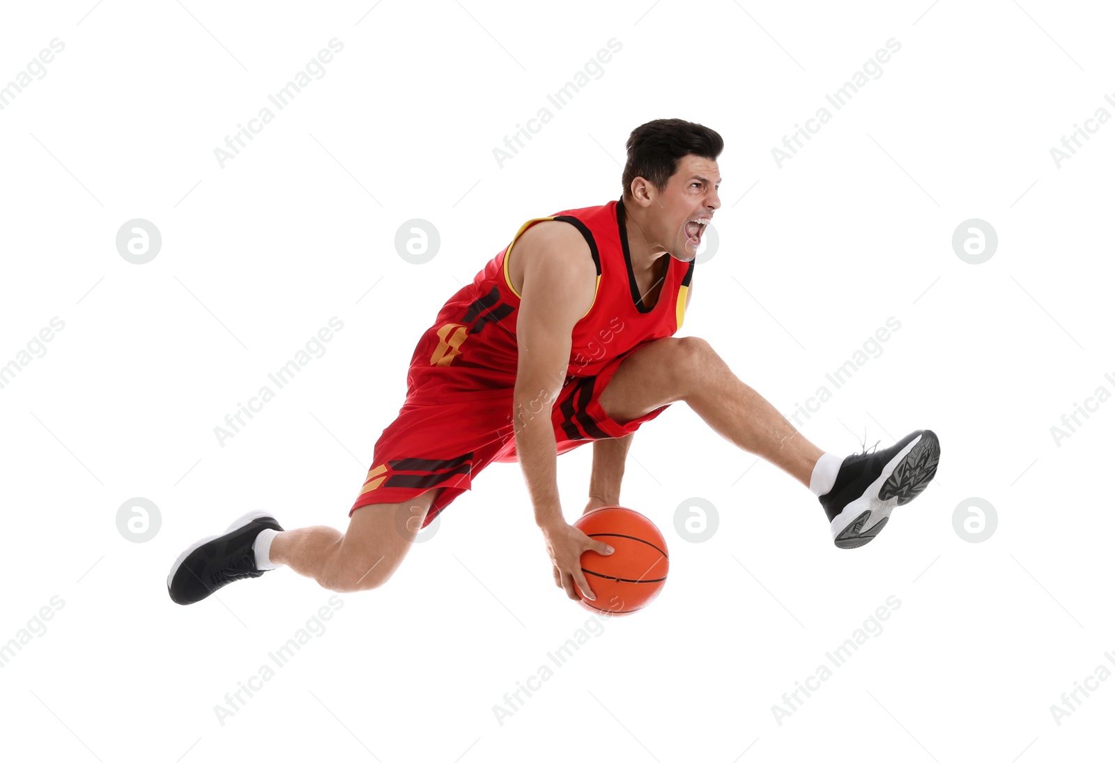 Photo of Professional sportsman playing basketball on white background