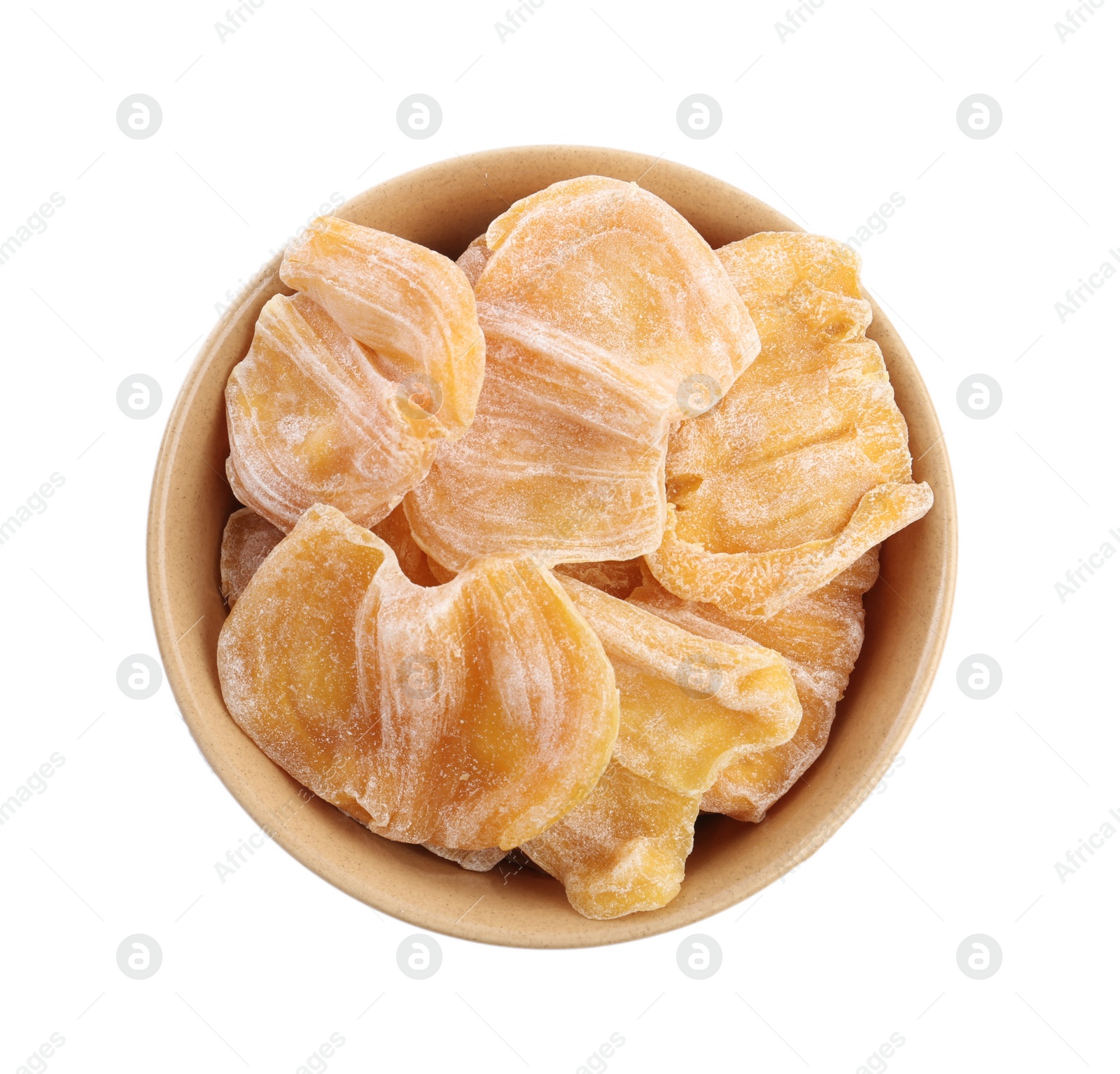 Photo of Delicious dried jackfruit slices in bowl isolated on white, top view