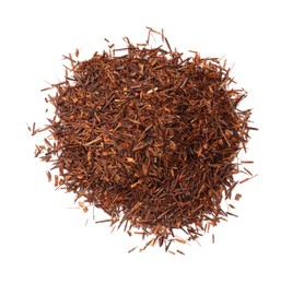 Photo of Heap of rooibos tea isolated on white, top view