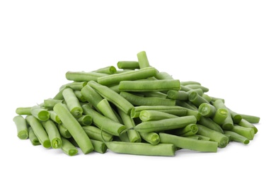 Photo of Delicious fresh green beans on white background
