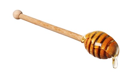Photo of Natural honey dripping from dipper on white background