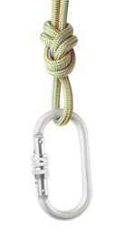 Photo of One metal carabiner with rope isolated on white