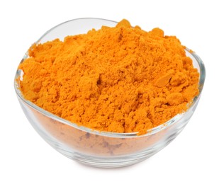 Photo of Aromatic saffron powder in bowl on white background