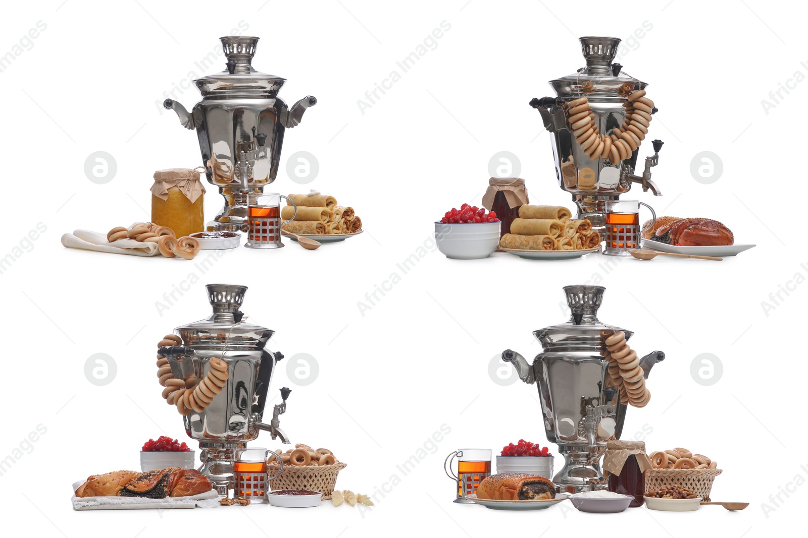 Image of Traditional Russian samovars and treats on white background, collage