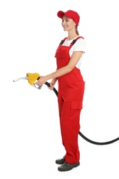 Photo of Gas station worker with fuel nozzle on white background