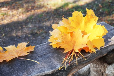 Photo of Beautiful dry leaves on wooden bench outdoors, space for text. Autumn season
