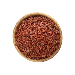 Photo of Wooden bowl with brown rice on white background, top view
