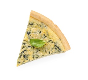 Piece of fresh delicious homemade spinach pie isolated on white, top view