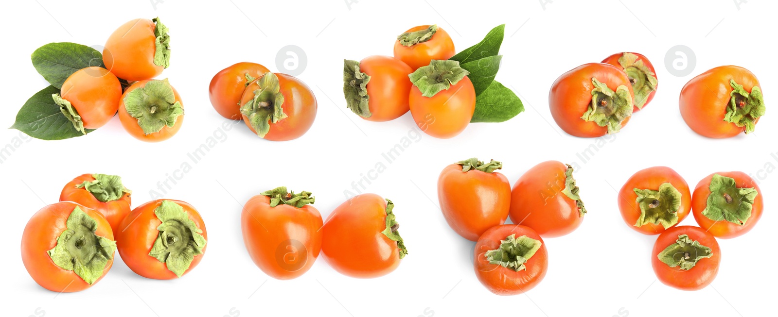 Image of Set with sweet ripe persimmons on white background. Banner design