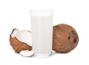 Photo of Glass of coconut water and nuts isolated on white