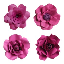 Image of Set with beautiful flowers made of paper on white background, top view 