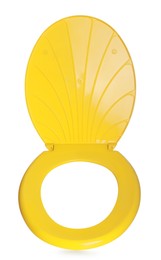 Photo of New yellow plastic toilet seat isolated on white