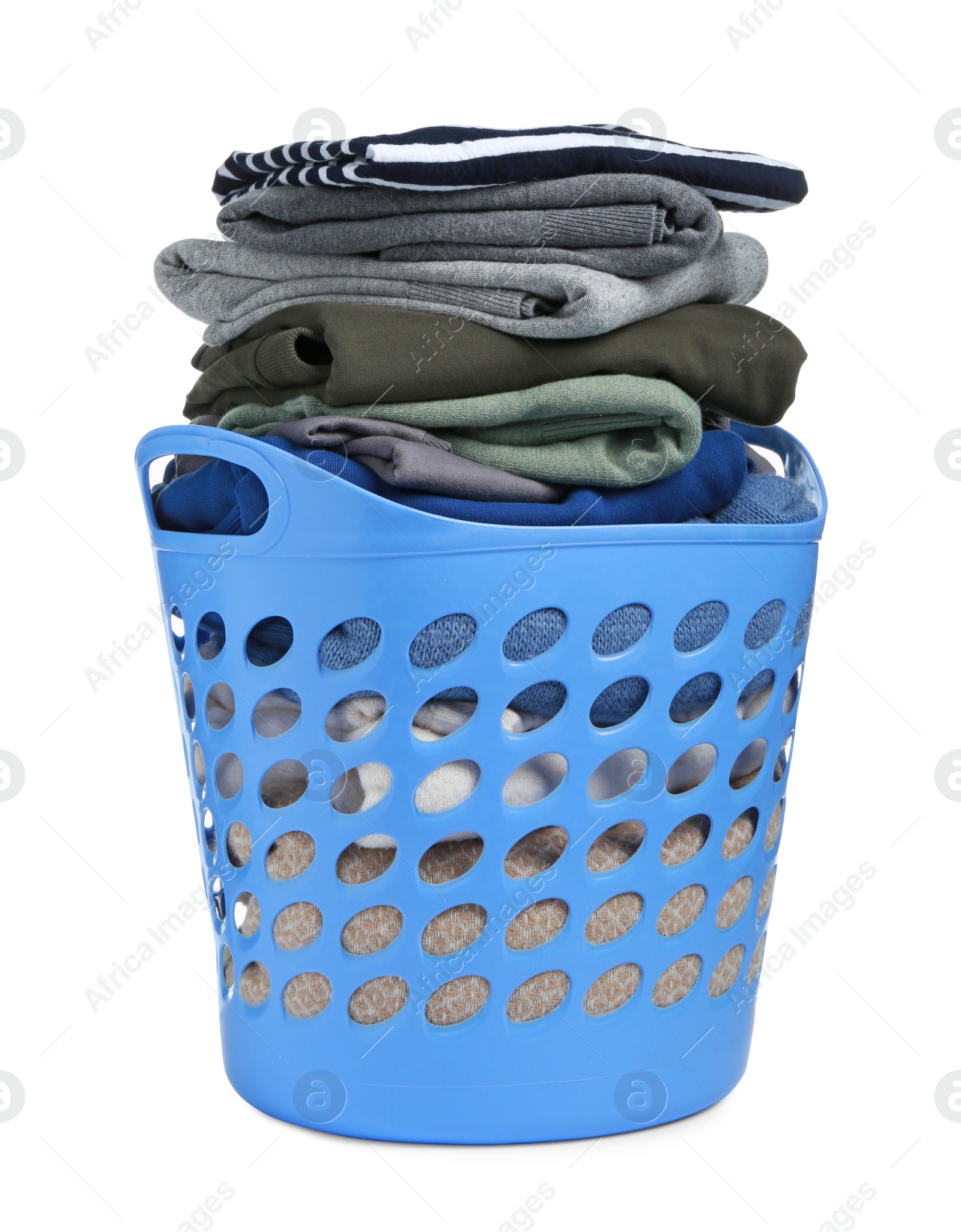 Photo of Plastic laundry basket with clean clothes isolated on white