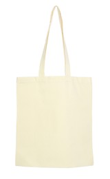 Photo of Blank beige textile bag on white background, top view. Mockup for design