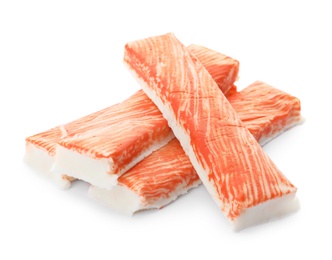 Delicious fresh crab sticks isolated on white