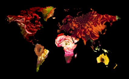 Image of World map made of beautiful flowers on black background, banner design