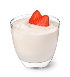 Photo of Glassdelicious yogurt with strawberries isolated on white