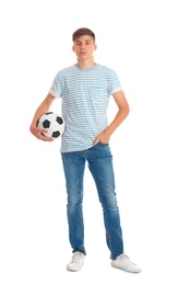 Photo of Teenage boy with soccer ball on white background