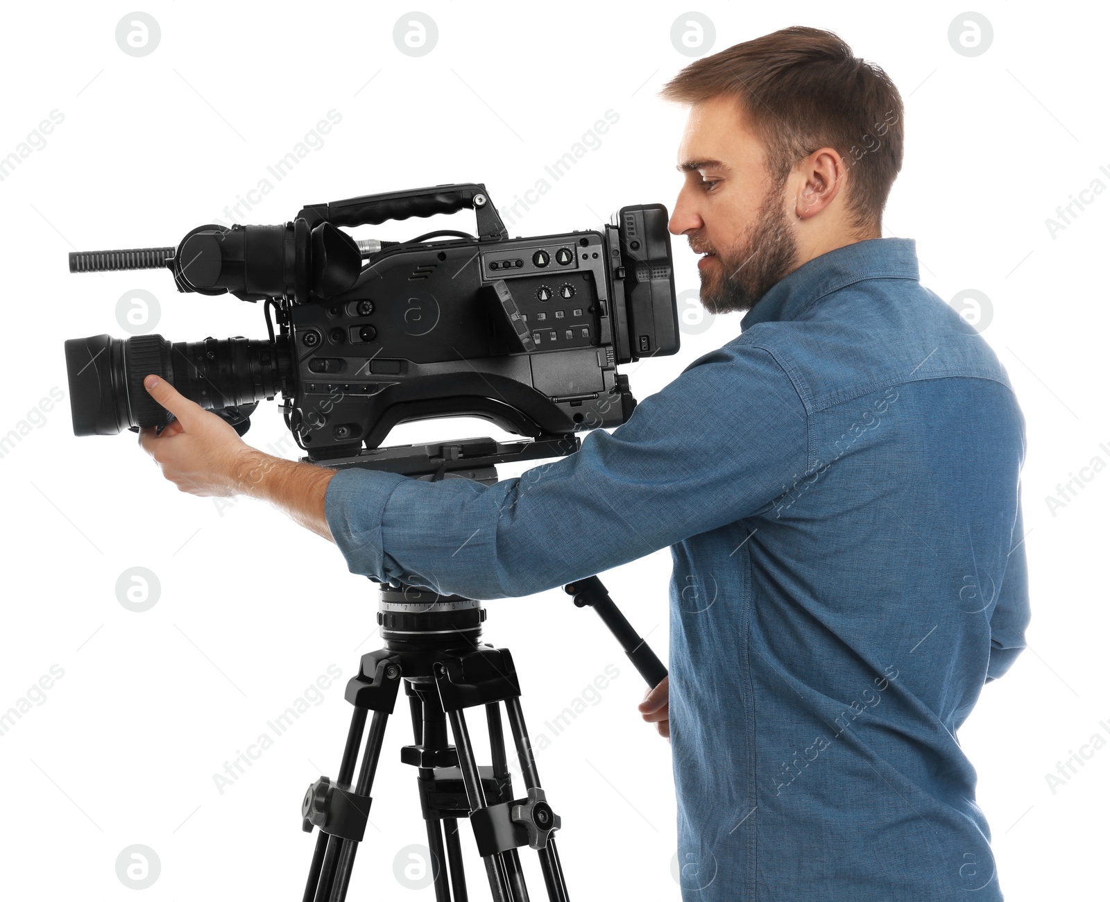 Photo of Operator with professional video camera on white background