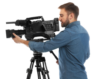 Photo of Operator with professional video camera on white background