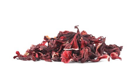 Photo of Pile of dry hibiscus tea isolated on white