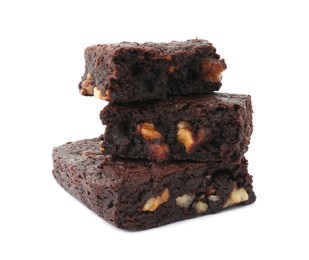Photo of Delicious brownies with nuts on white background