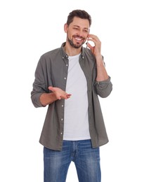 Photo of Man talking on phone against white background