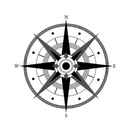 Illustration of Compass rose with four cardinal directions - North, East, South, West on white background. Illustration
