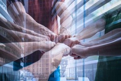 Image of Partnership, cooperation, collaboration. Double exposure of buildings and people joining hands