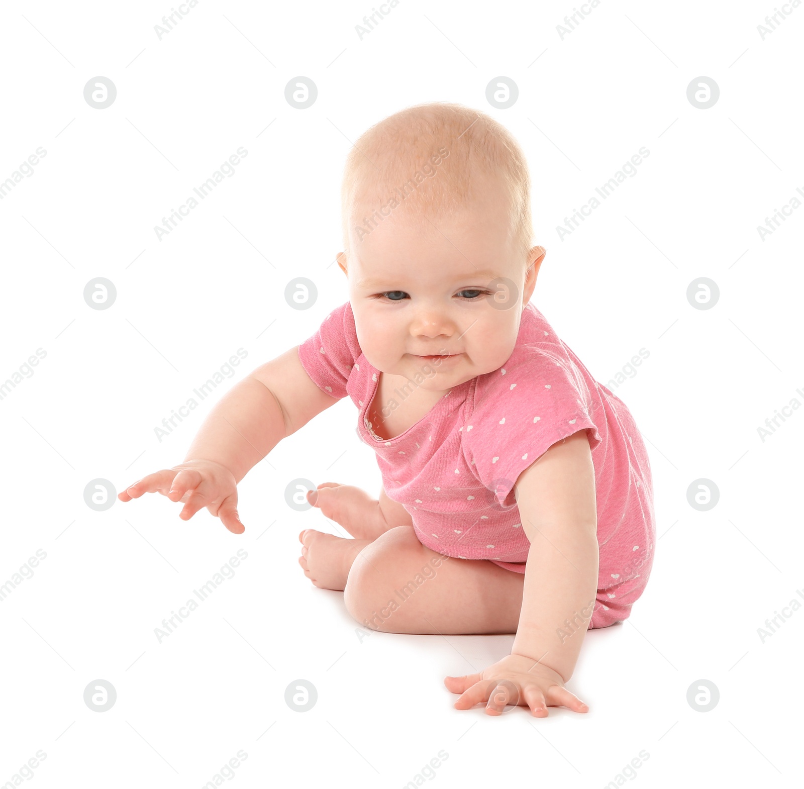 Photo of Cute little baby crawling on white background