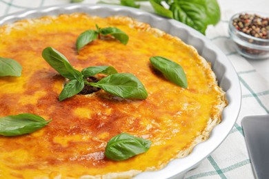 Photo of Delicious pie with minced meat on table, closeup