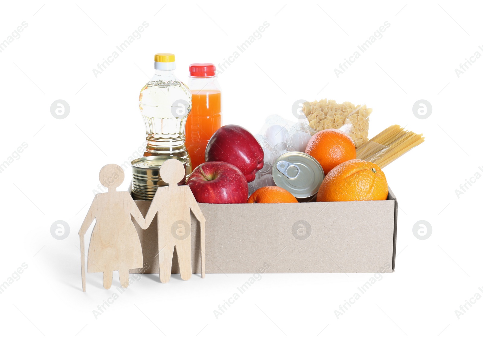 Photo of Humanitarian aid for elderly people. Different donation food and figures of senior couple isolated on white