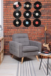 Living room decorated with vinyl records. Interior design