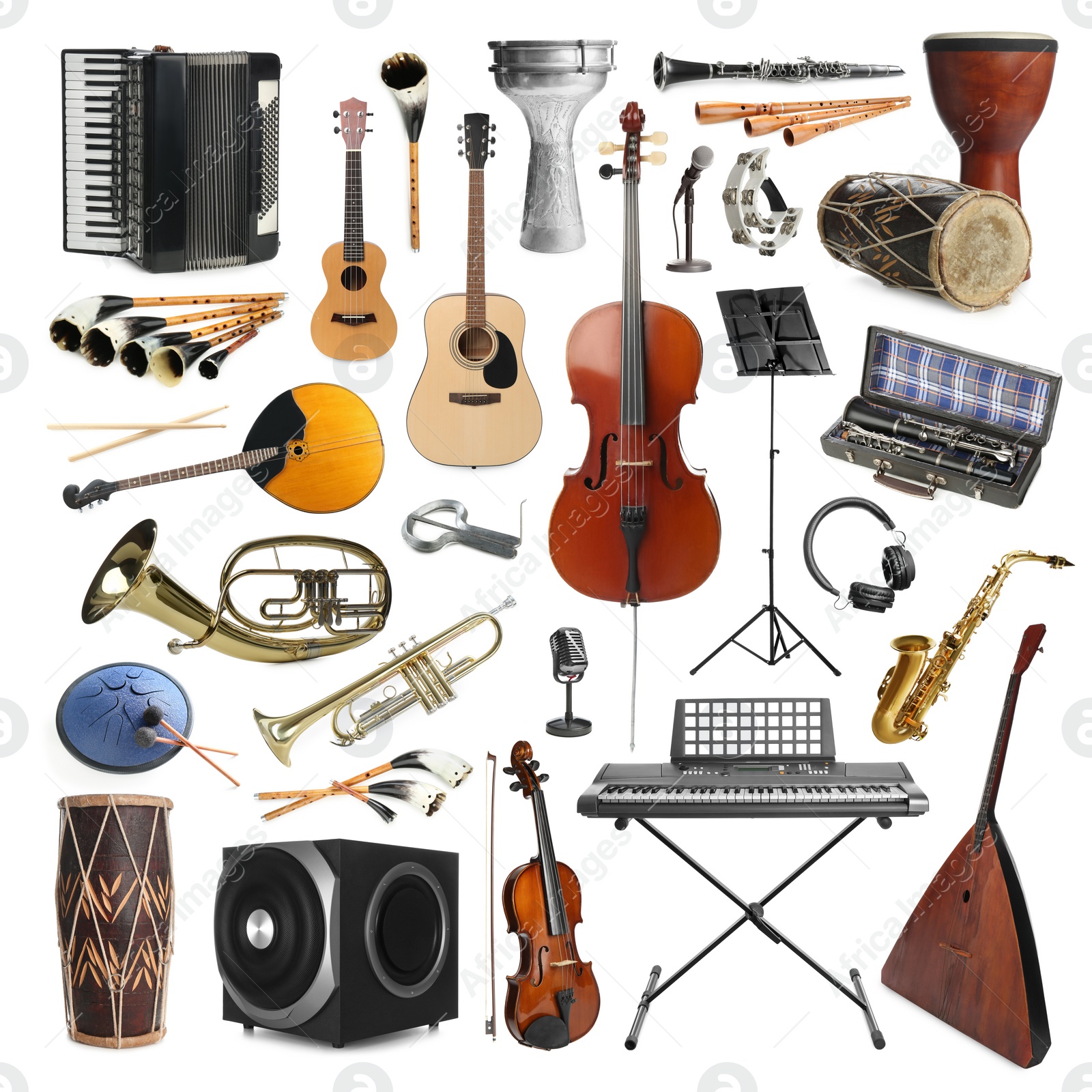 Image of Collection of different musical instruments on white background