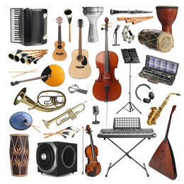 Image of Collection of different musical instruments on white background