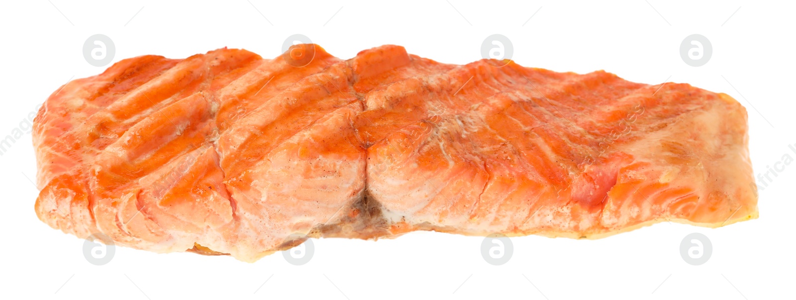 Photo of Piece of tasty grilled salmon isolated on white