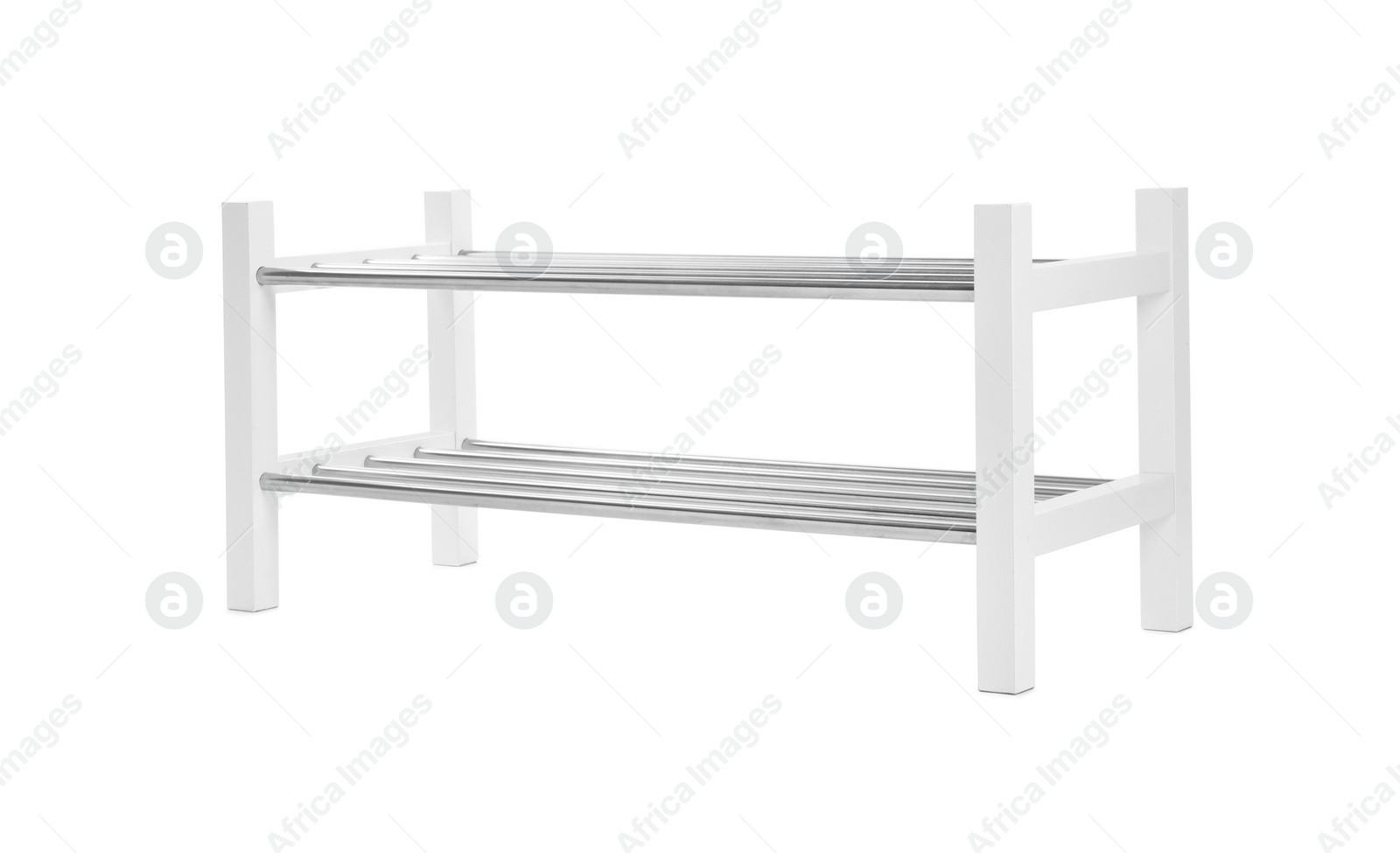 Photo of Empty wooden shoe shelf isolated on white