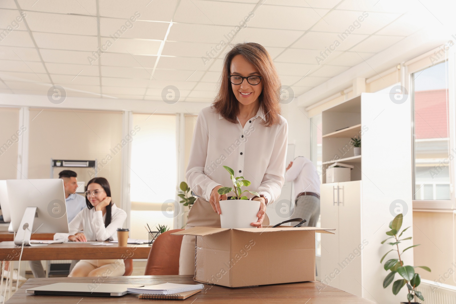 Photo of New coworker unpacking box with personal items at workplace in office